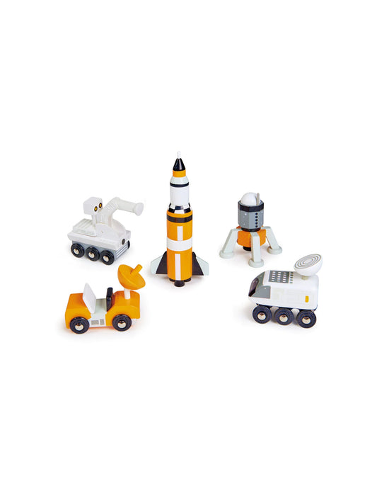 Space voyager toy set with rocket and small rover vehicles, orange and white