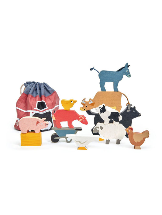 Wooden farmyard stacking toy set with assorted animals and drawstring bag