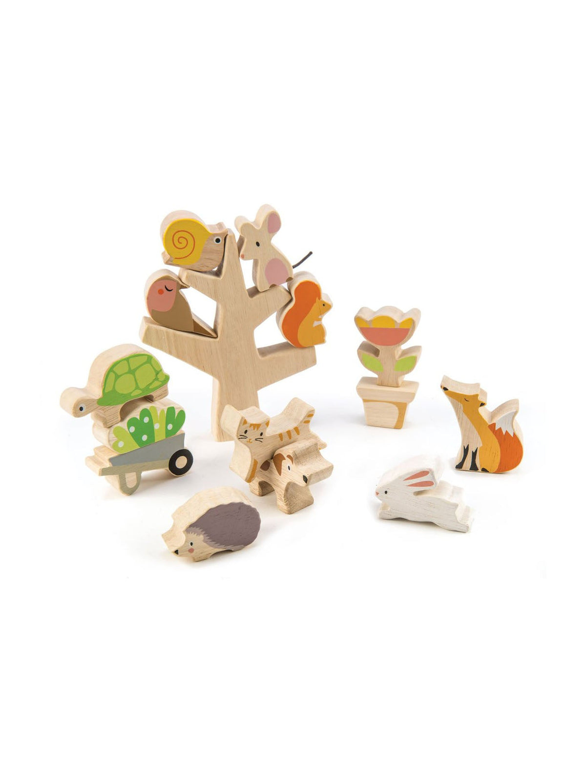 Tender Leaf Toys wooden stacking garden friends toy set with animal and cart pieces
