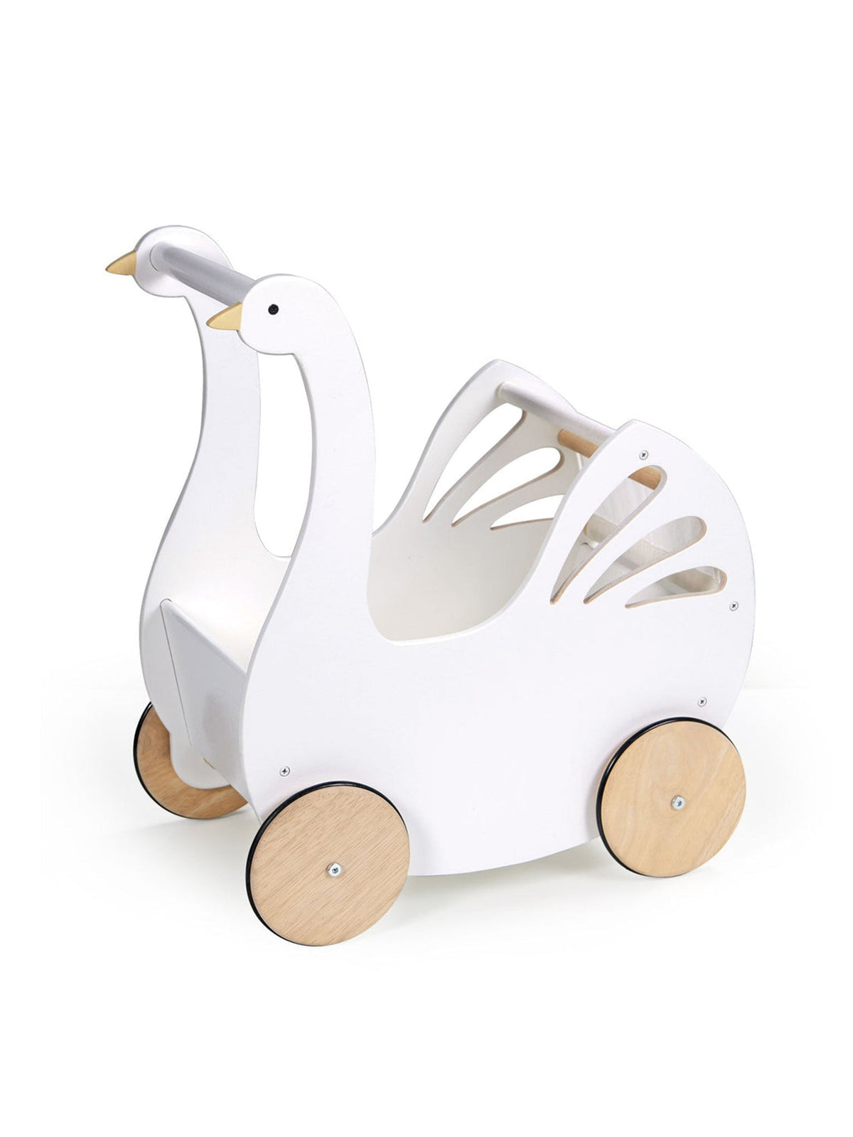 Swan pram wooden toy wagon with white body, wooden wheels, and swan head