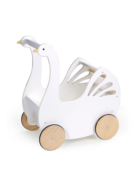 Swan pram wooden toy wagon with white body, wooden wheels, and swan head