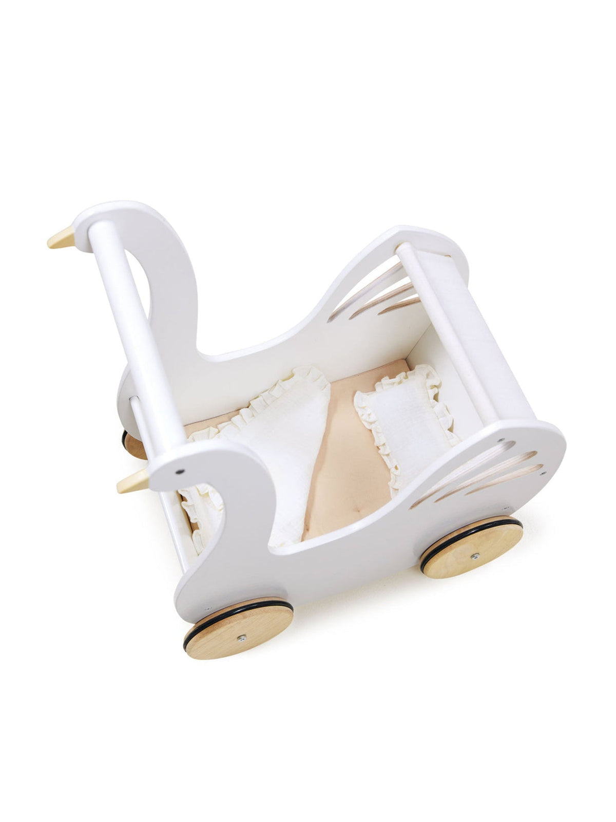 Swan pram toy with white frame, open seat with light cushion, and wooden wheels
