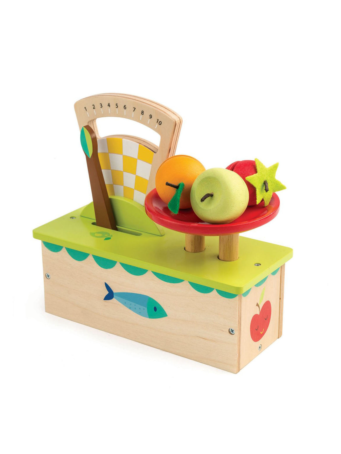 Tender Leaf Toys wooden weighing scale toy with colorful play food on tray