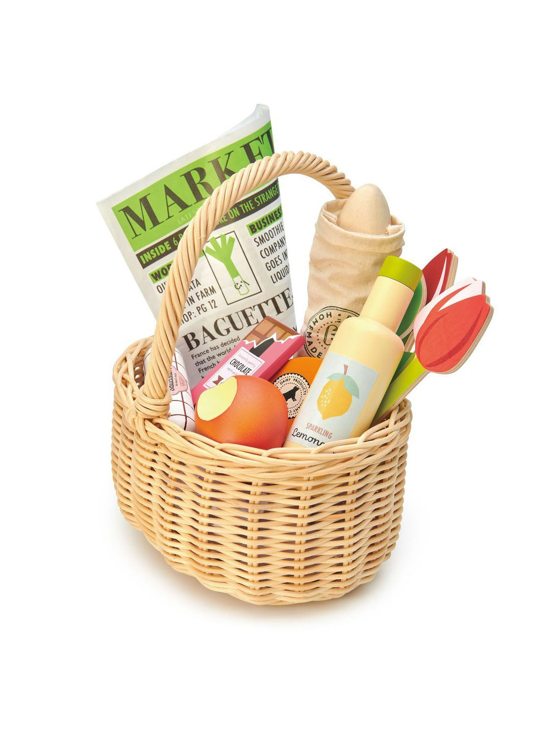 Wicker shopping basket with handle, filled with toy groceries and packaged food.
