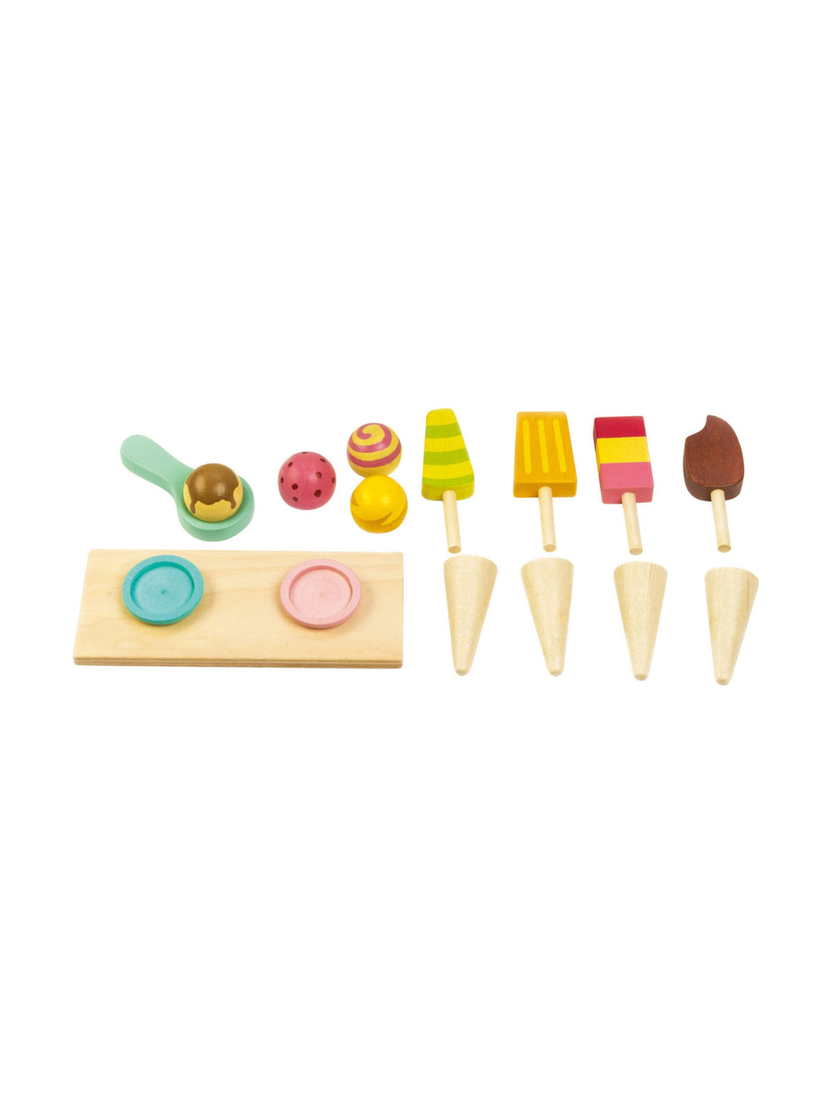 Wooden ice cream play set with tray, scoops, and colorful popsicle cones
