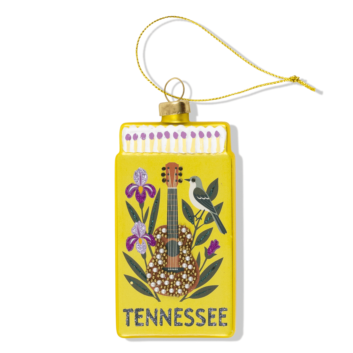 Yellow Tennessee matchbook ornament with bird-and-floral design, hanging loop