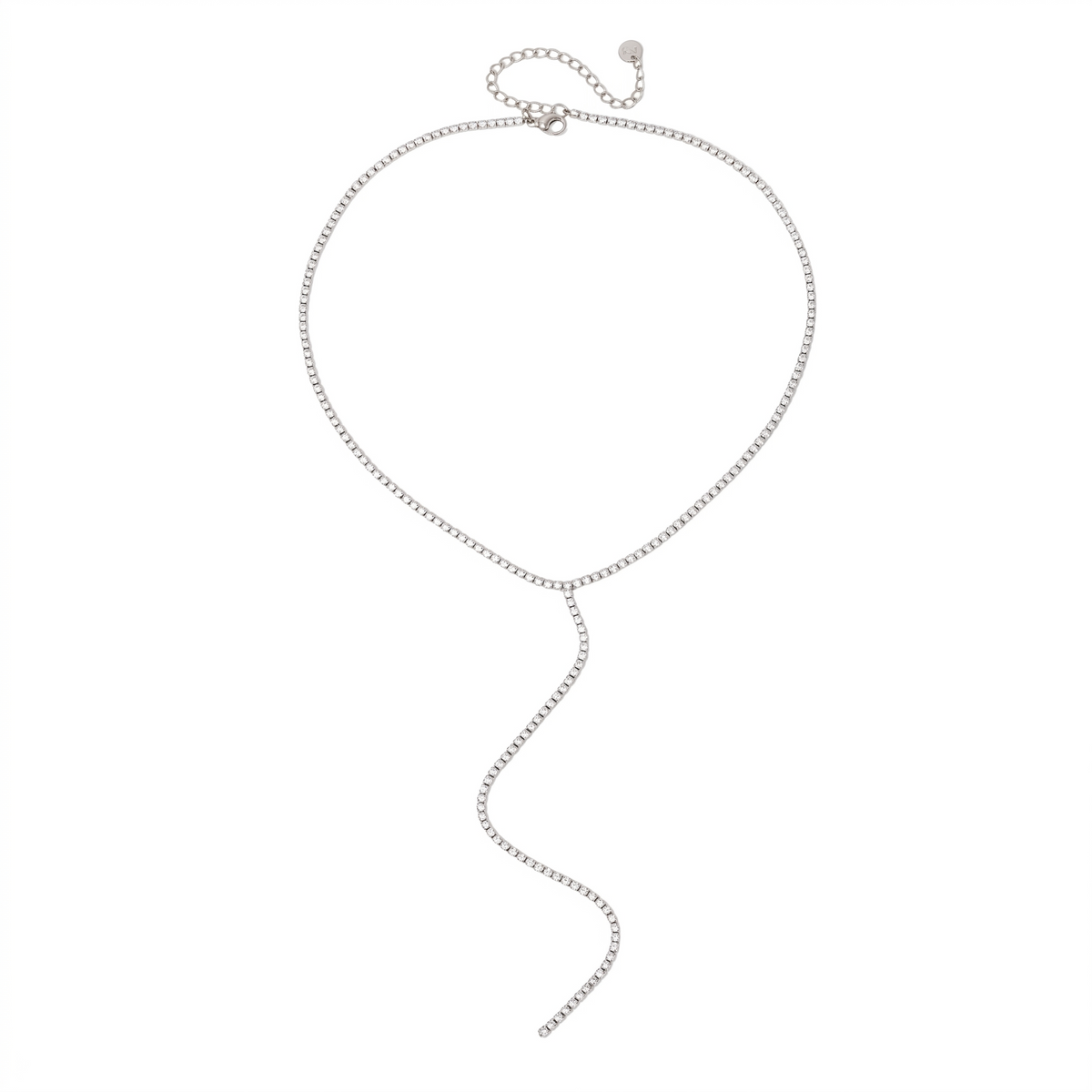 Silver-tone tennis lariat necklace with small clasp loop and long wavy Y drop
