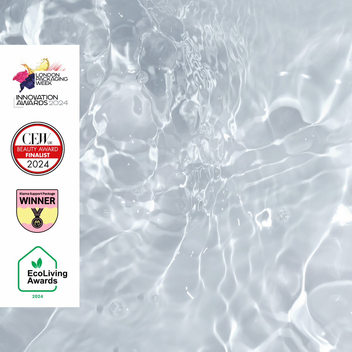 Eau de parfum set award badges on a water-textured background.
