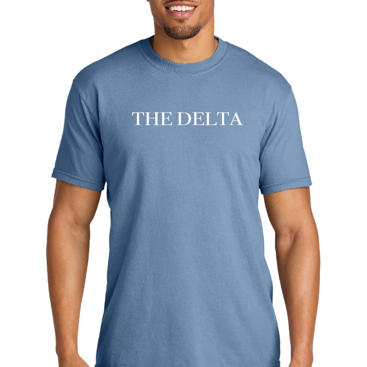 Blue crew-neck graphic T-shirt with white “THE DELTA” text on the chest.