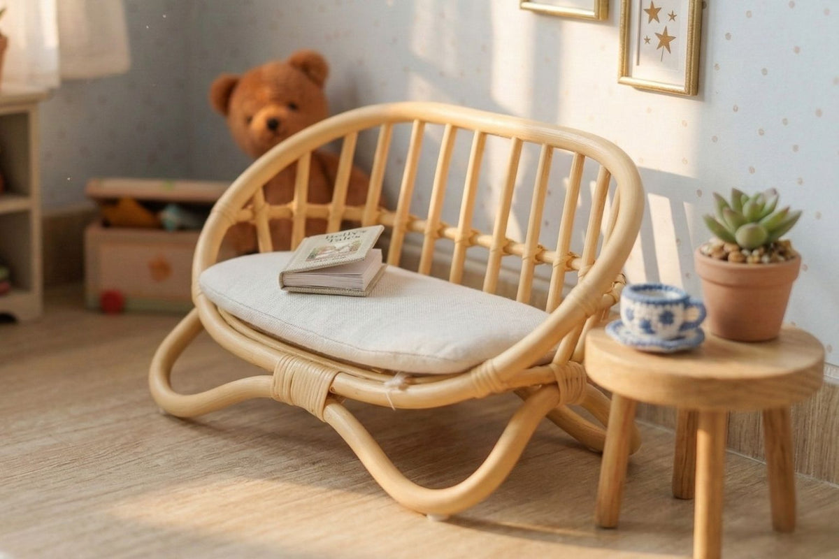 Natural rattan miniature doll couch with white cushion and rounded slatted back
