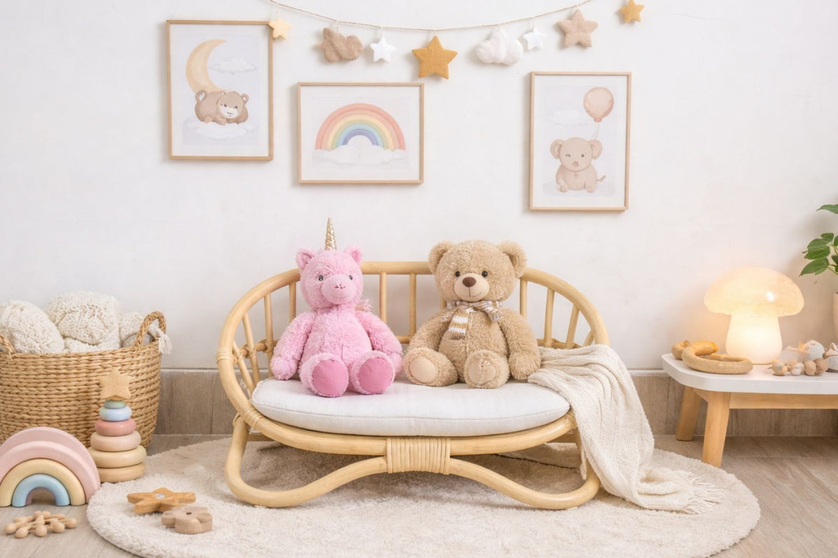 Natural rattan miniature doll couch with white cushion and curved slatted back