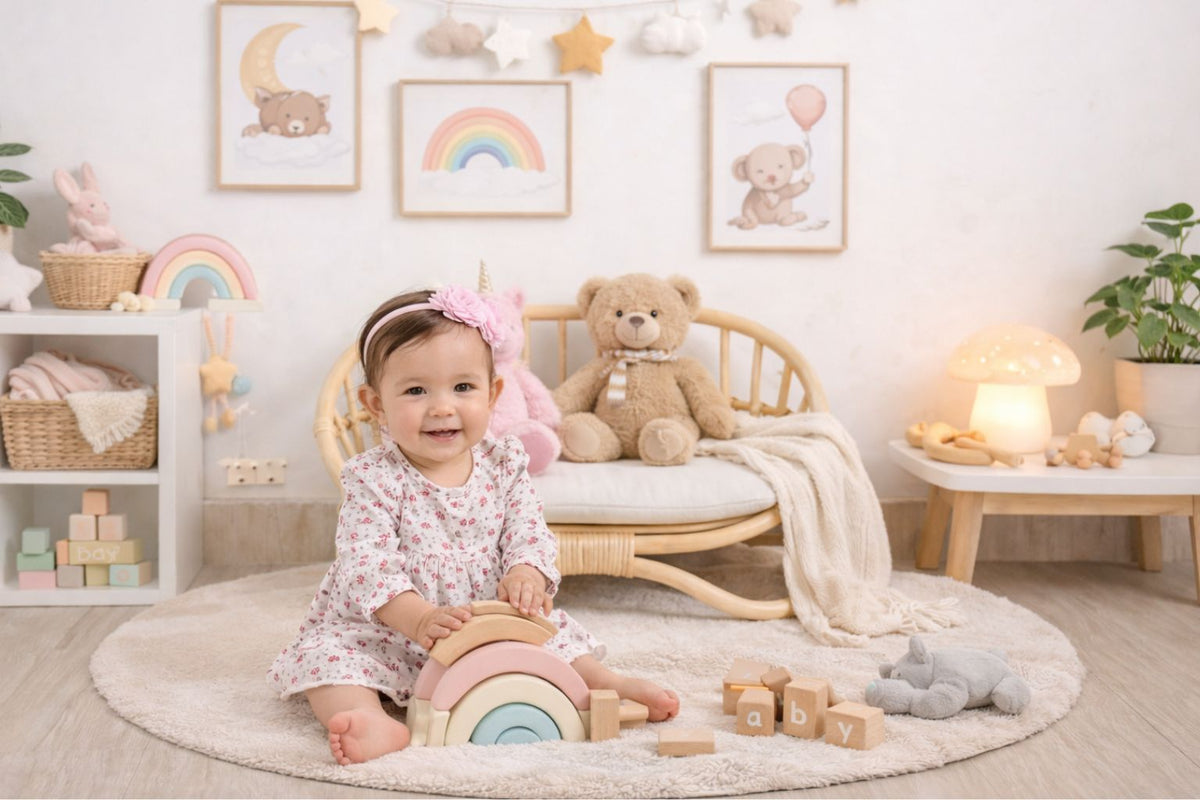 Natural rattan miniature doll couch with white cushion and rounded slatted back