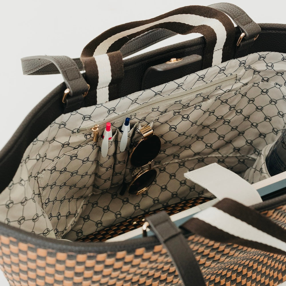 Organizer tote bag interior with patterned lining, zip pockets, and dividers