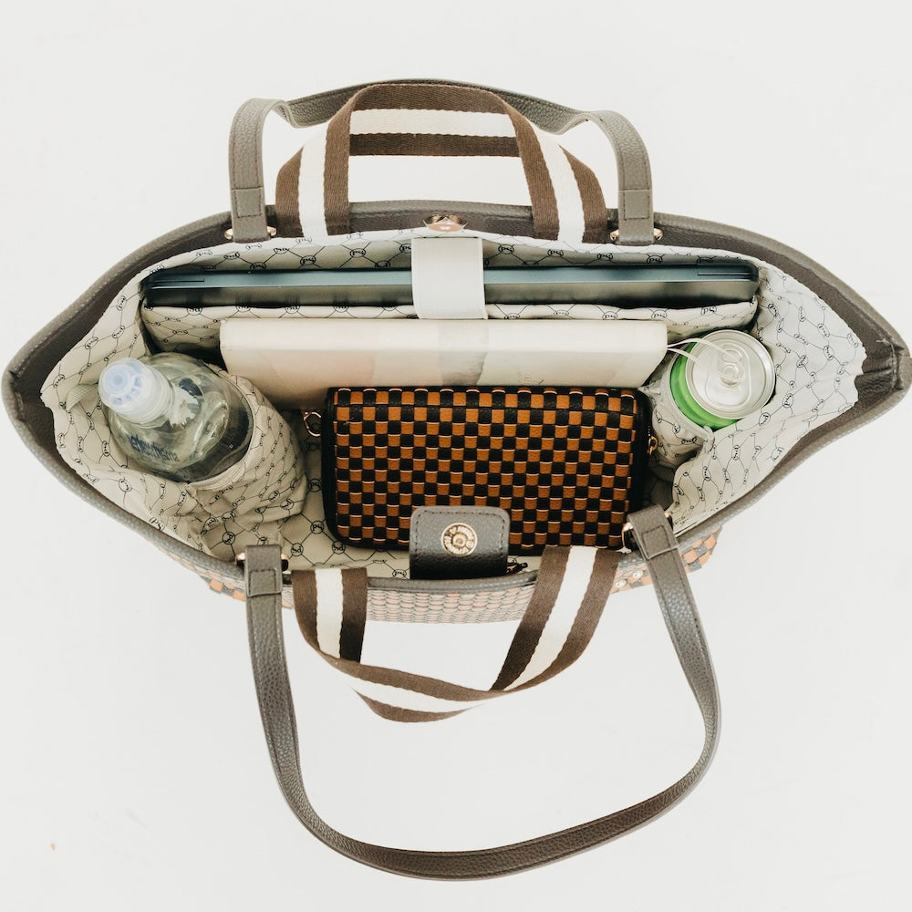 Woven organizer tote bag with crossbody strap and striped top handles