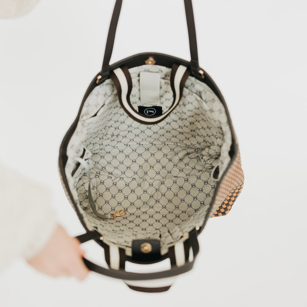 Open checkered organizer tote bag interior with mesh lining and pockets