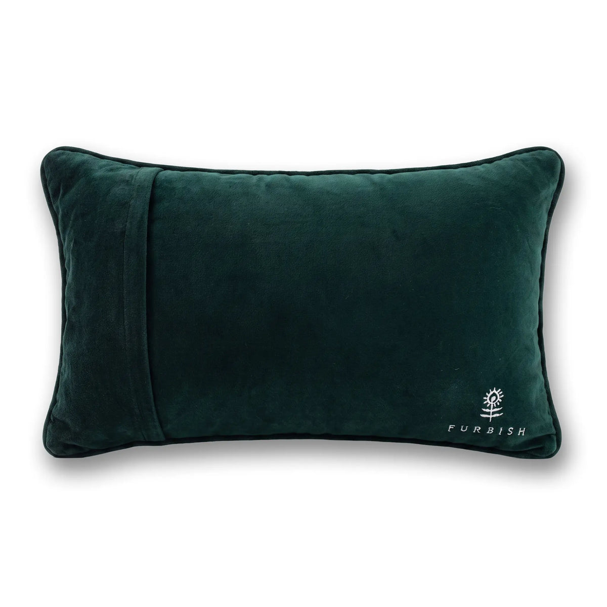 Velvet back throw pillow in dark teal with stitched snowflake and "FURISH"