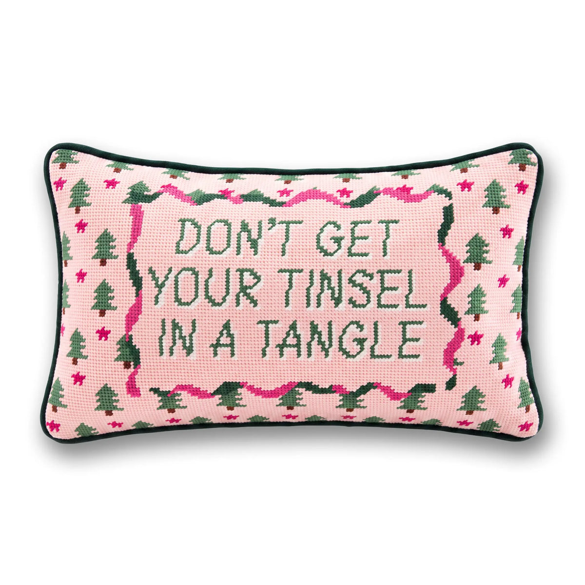 Needlepoint holiday throw pillow with pink and green embroidered "DON’T GET YOUR TINSEL"