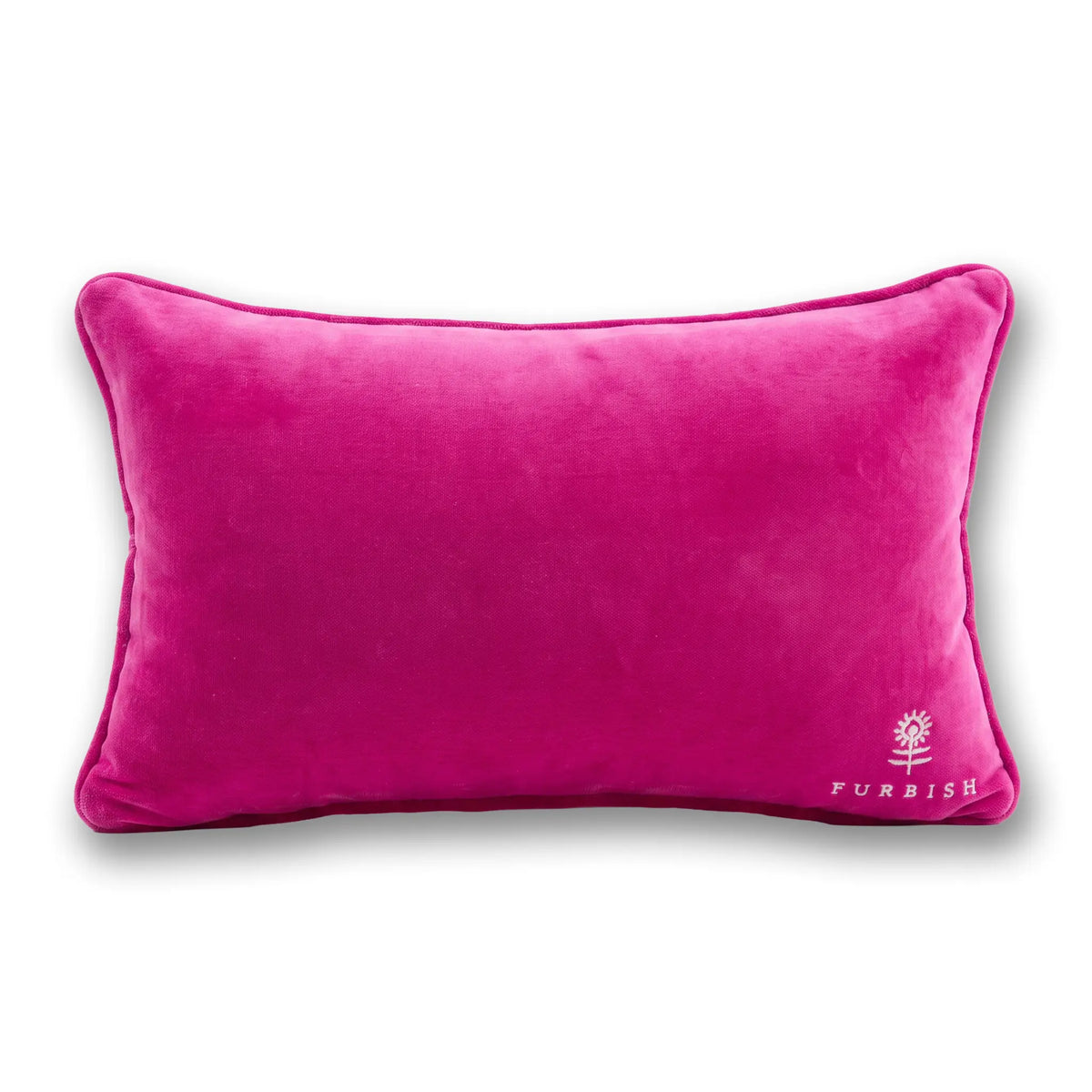 Fuchsia lumbar pillow with small sunburst logo and 'FURBISH' on the corner.
