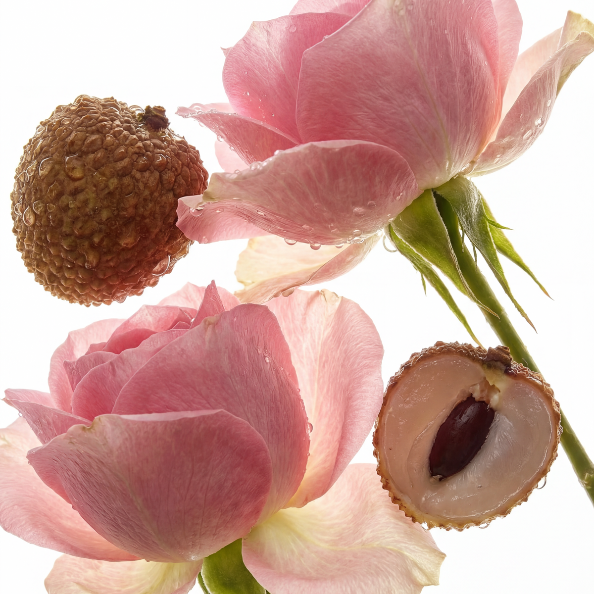 Pink rose blossoms with lychee fruit pieces for Rose & Litchi scent