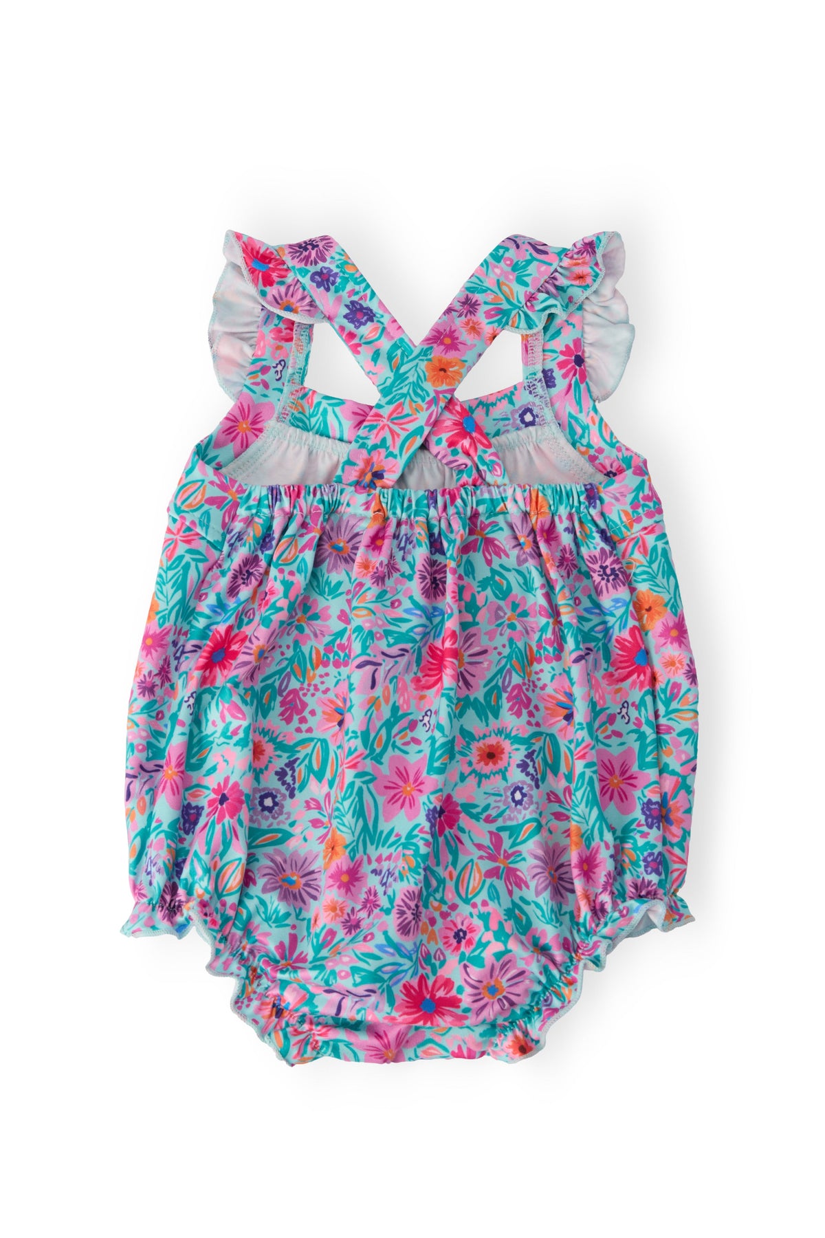 Floral ruffle cross-back romper with gathered straps and short legs, pastel pink/blue print