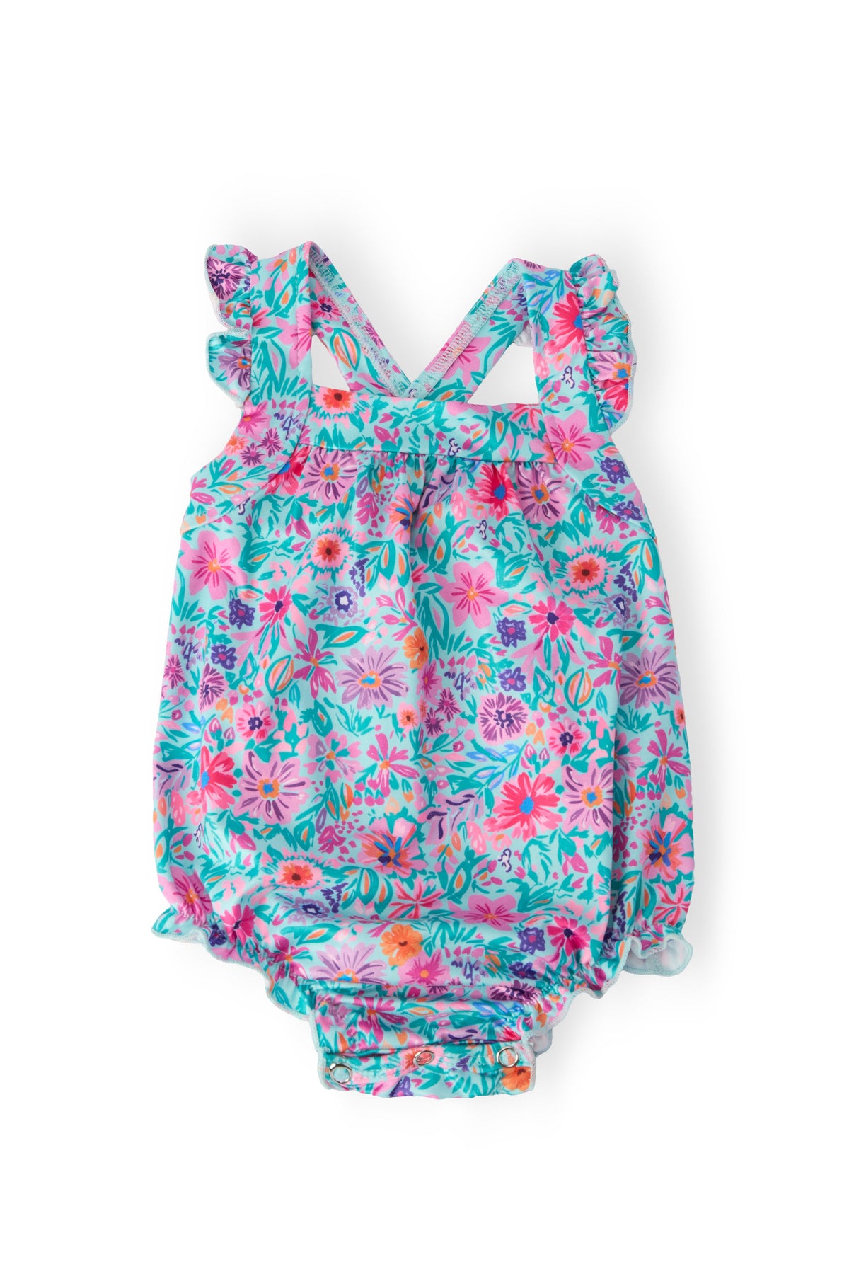 Floral ruffle cross-back romper with sleeveless V neck and short legs, pastel pink/blue print
