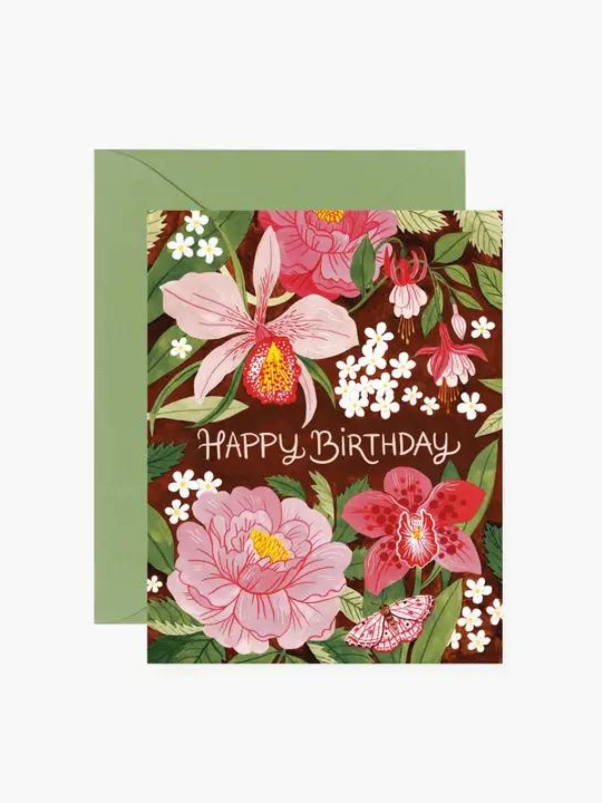 Birthday greeting card with tropical flowers, butterfly, and 'Happy Birthday' text