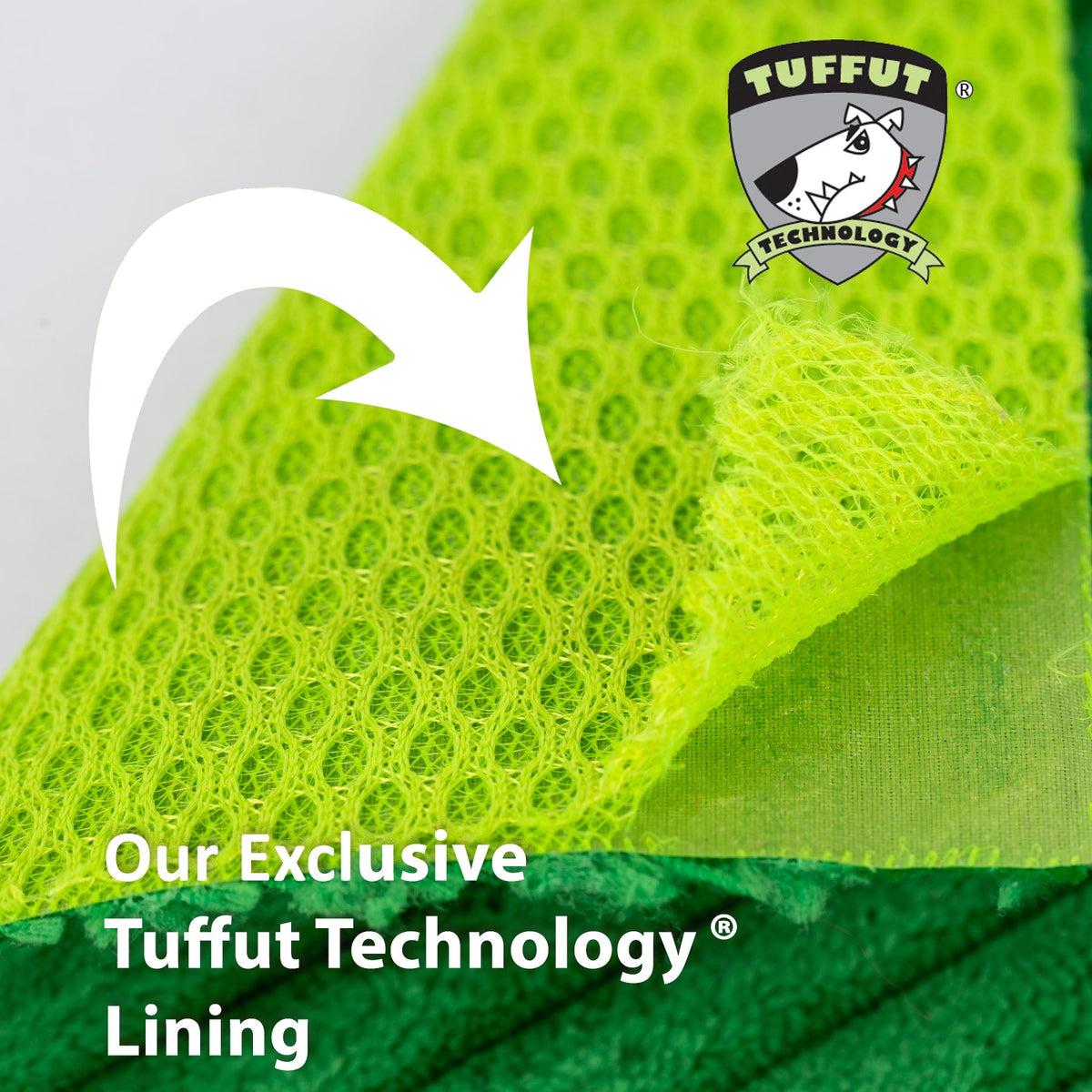 Close-up of the plush toy's bright green Tuffut Technology lining.