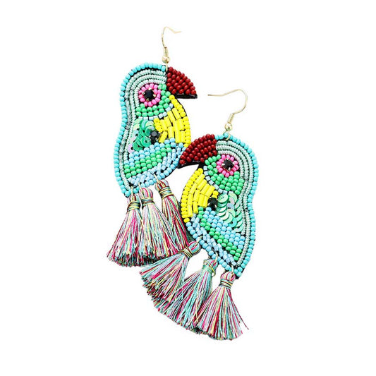 Parrot bead sequin tassel earrings, turquoise and multicolor with tassel fringe.