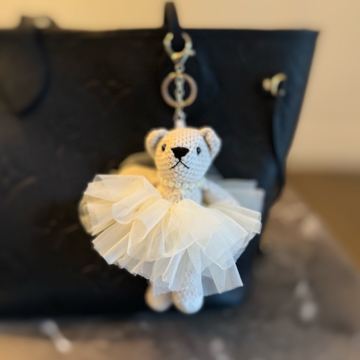 Bear bag charm with white tulle scrunch tutu on a gold chain