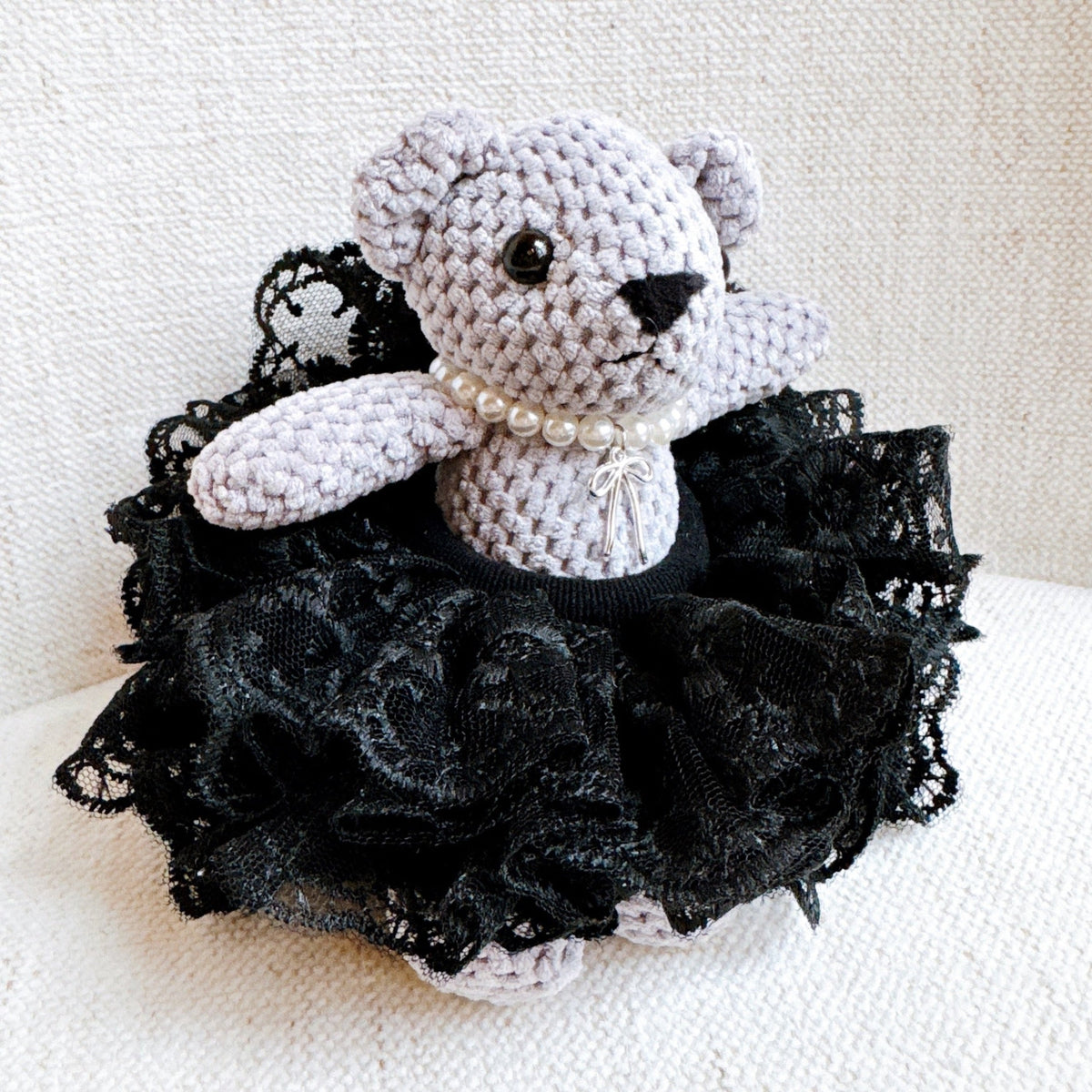 Bear bag charm with black lace tulle skirt and pearl collar, white crocheted bear