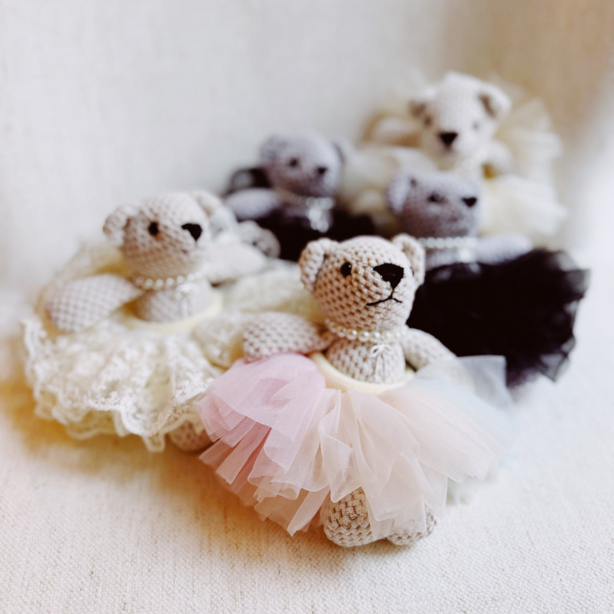 Bear bag charm with pink tulle scrunch tutu and crocheted bear head