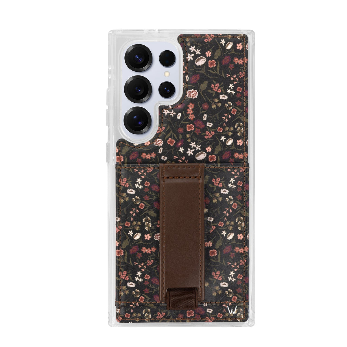 Twilight Blossom floral phone case with card slot and brown folio cover