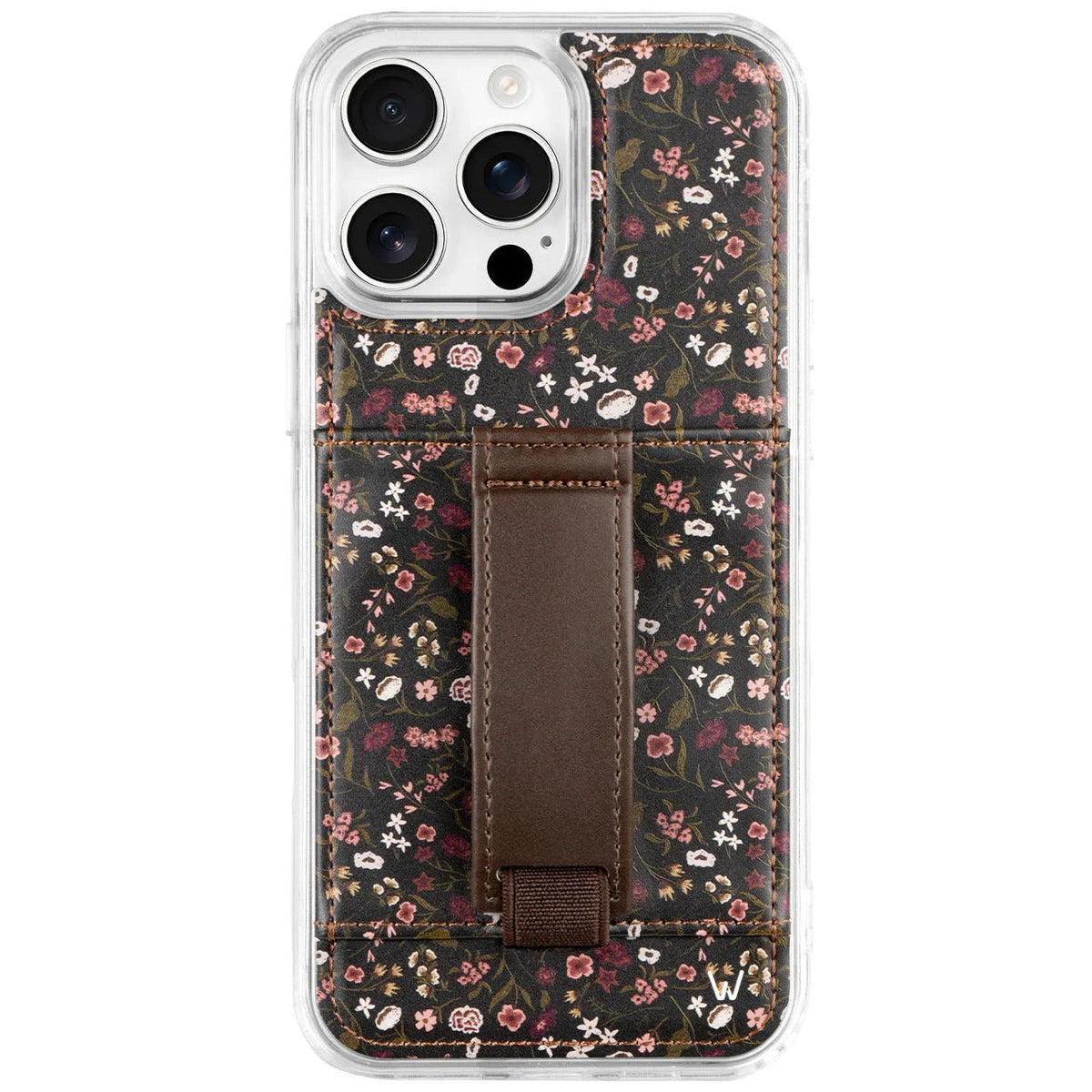 Floral phone case with clear back, dark brown center pocket, and hanging strap