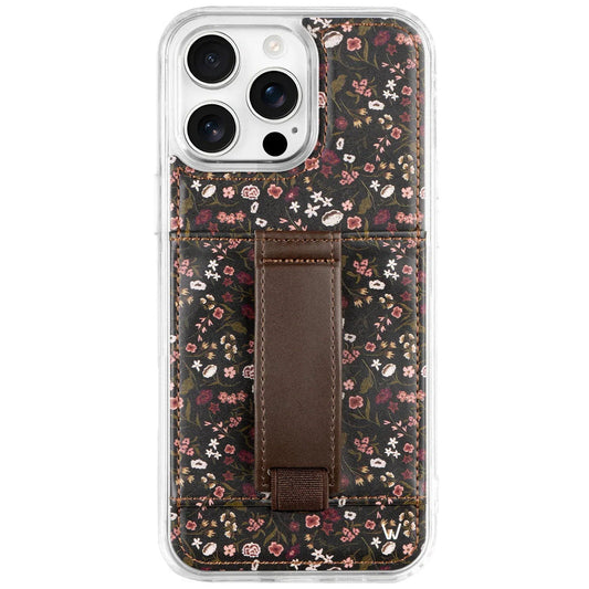 Floral phone case with clear back, dark brown center pocket, and hanging strap