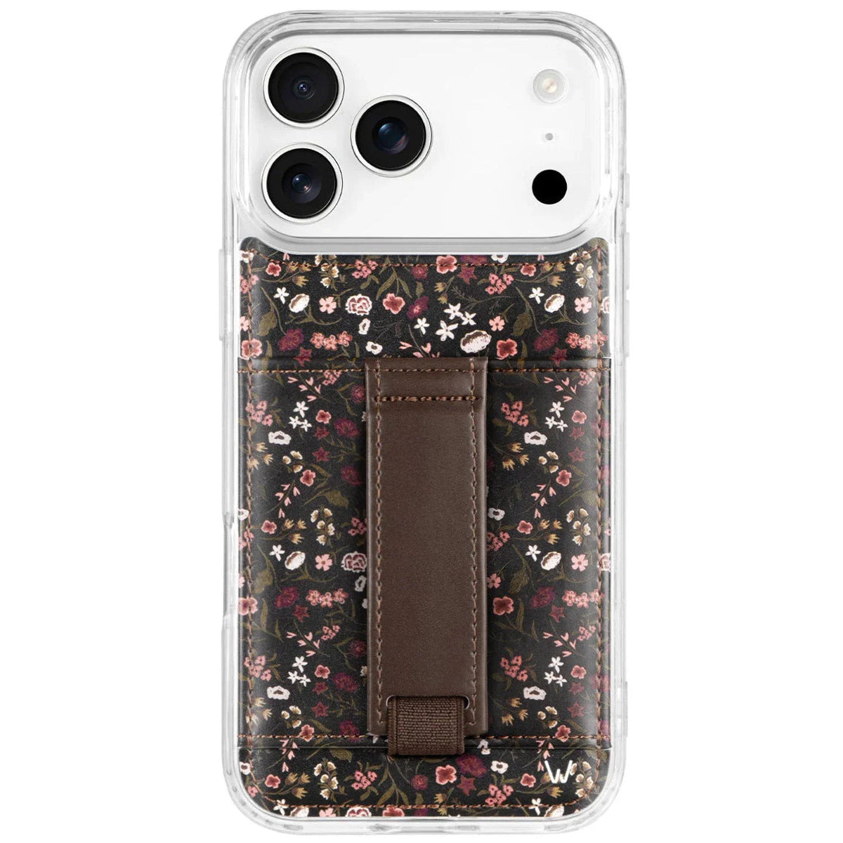 Floral phone case with clear back and dark brown fabric pocket with strap