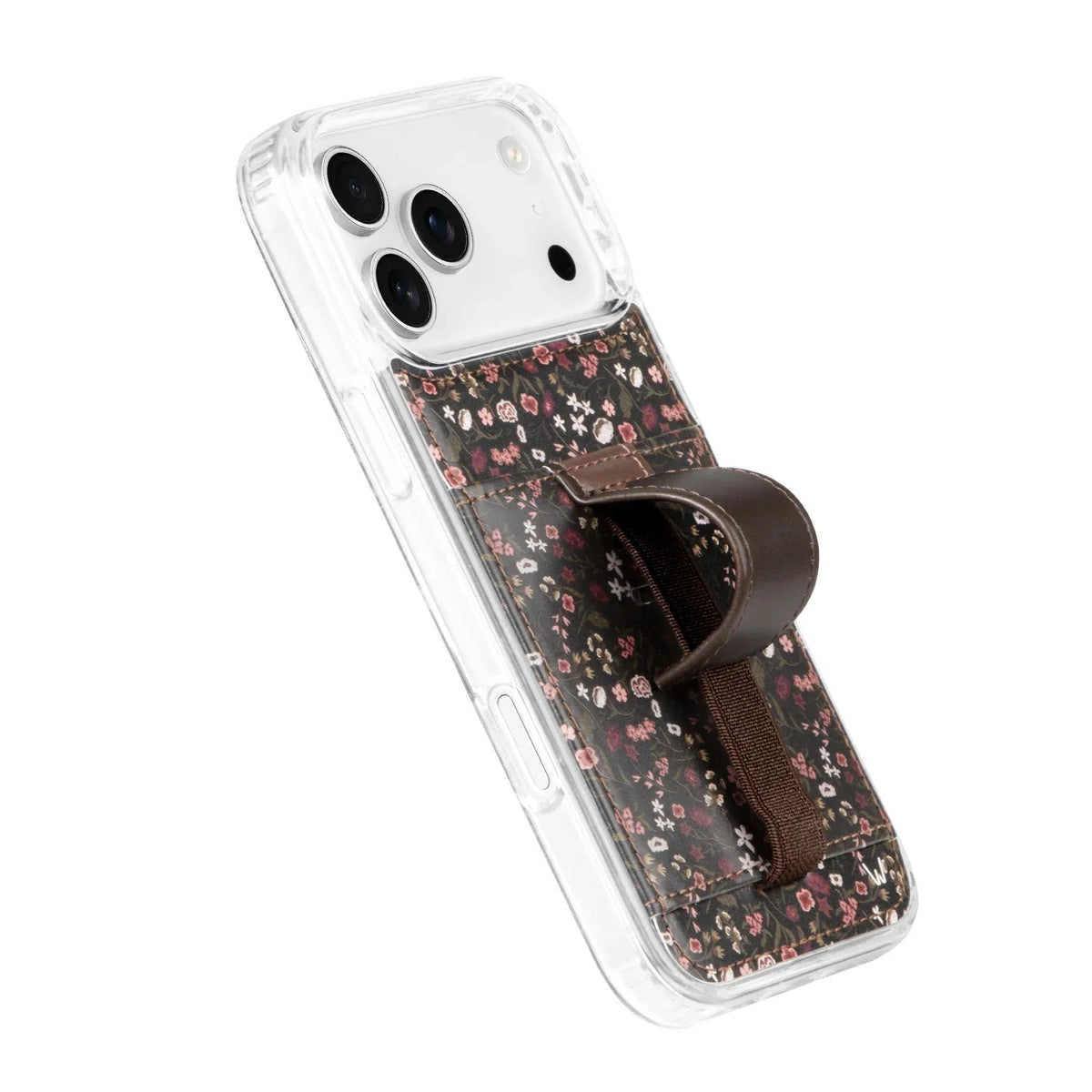 Floral phone case with clear back and brown strap pocket, angled