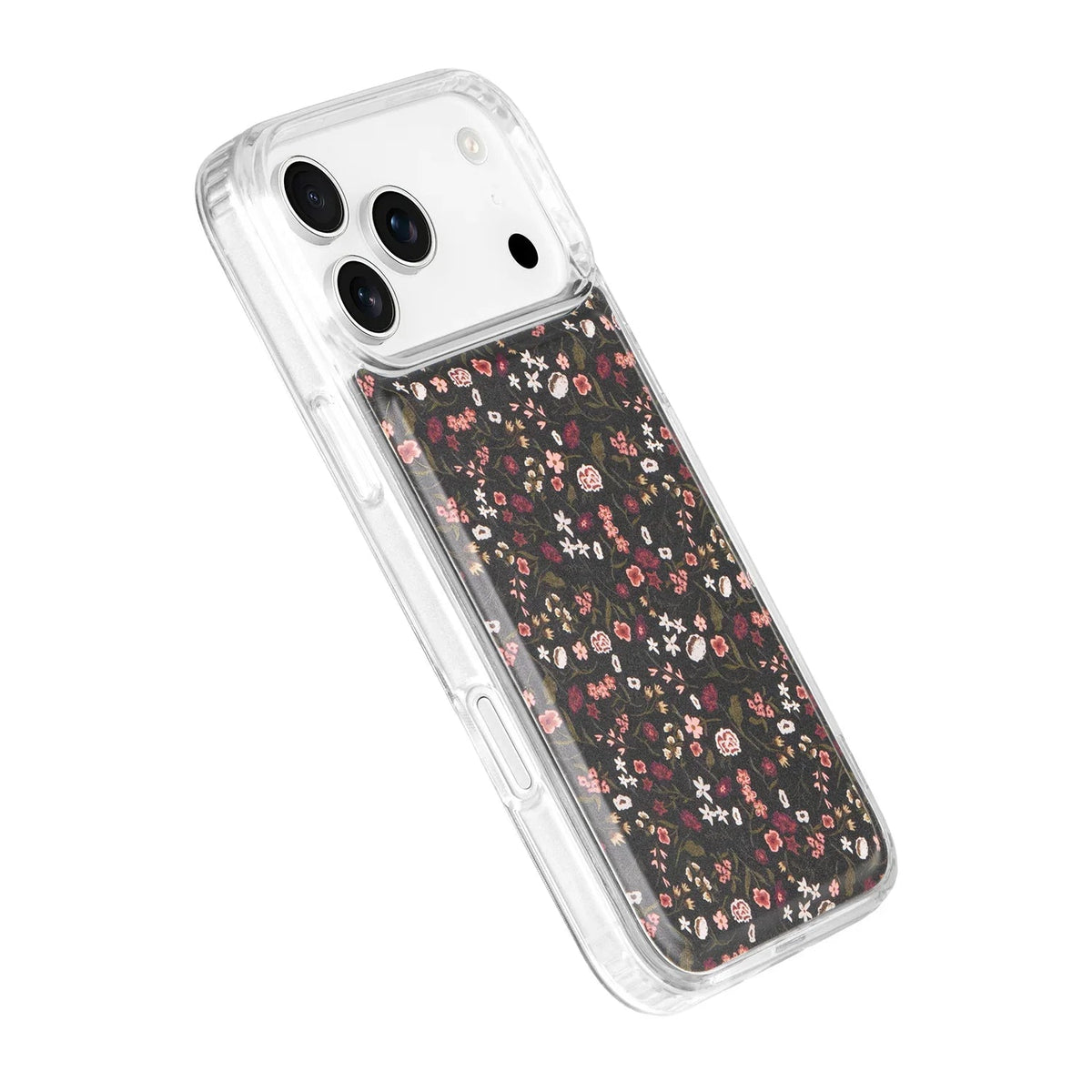 Single magnetic iPhone case, clear cover over dark floral fabric
