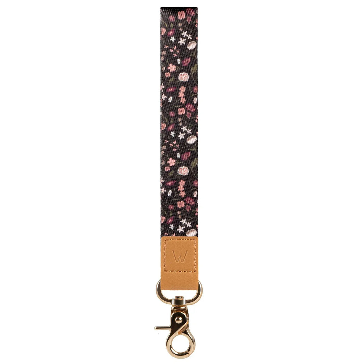 Floral wrist lanyard with brown leather patch and gold clasp on a black strap