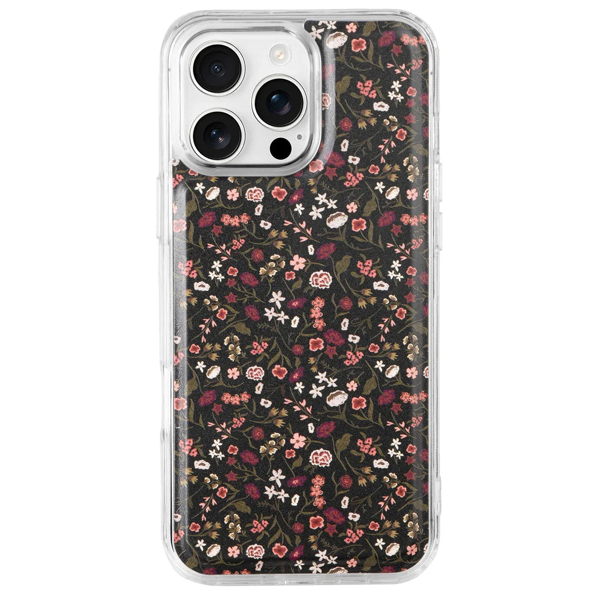 Clear magnetic iPhone case with dark floral panel and camera cutouts