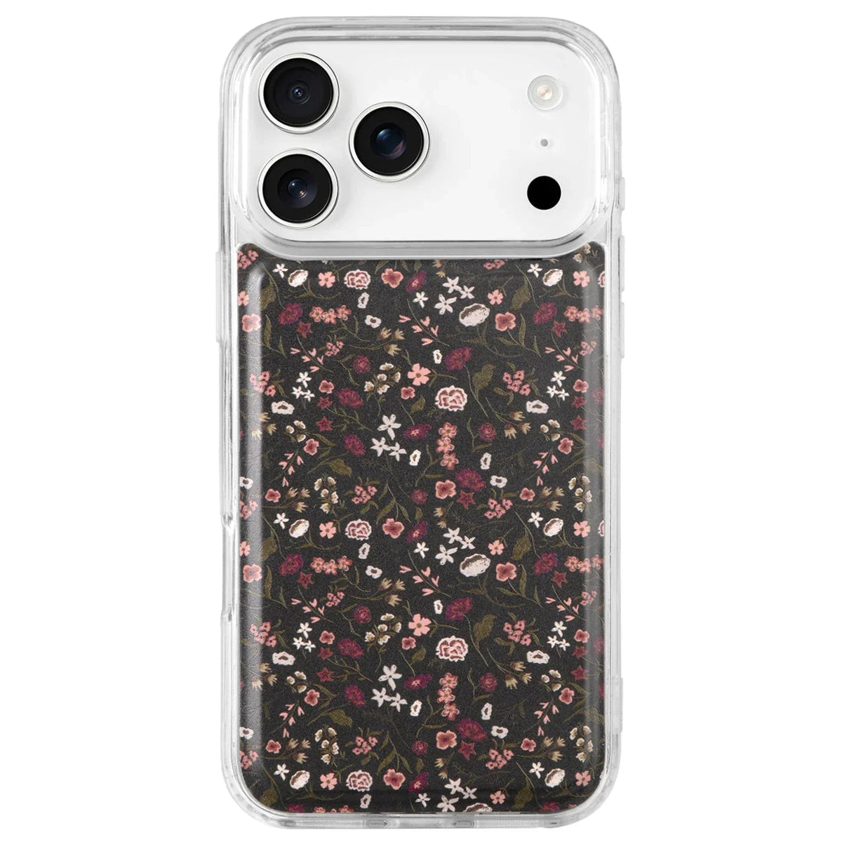 Magnetic iPhone case with clear back and dark floral fabric panel