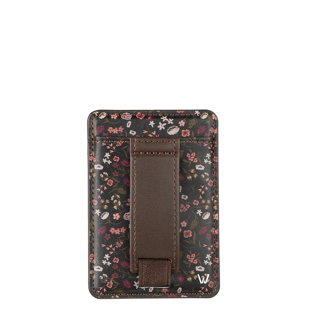 Magnetic wallet card holder with dark floral fabric and brown magnetic tab.