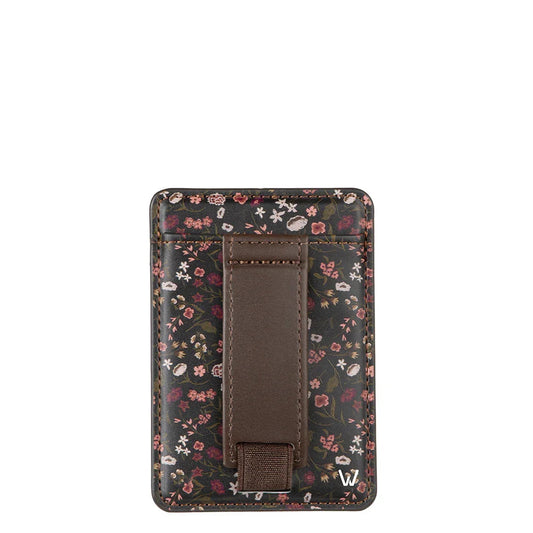 Magnetic wallet card holder with dark floral fabric and brown magnetic tab.