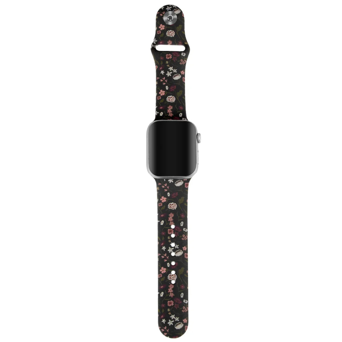 Black floral watch band with metal clasp and stitched strap holes