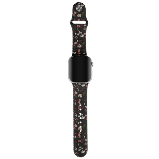 Black floral watch band with metal clasp and stitched strap holes