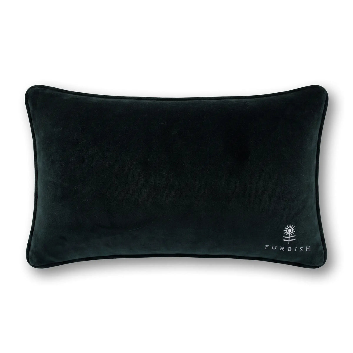 Black rectangular throw pillow with piping and FURBISH logo