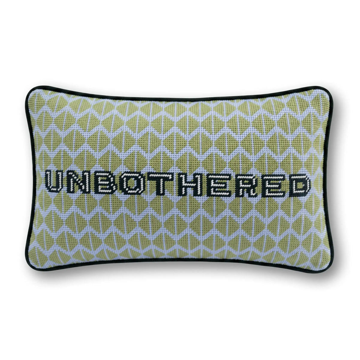 Green needlepoint throw pillow, black trim, rectangular, UNBOTHERED lettering