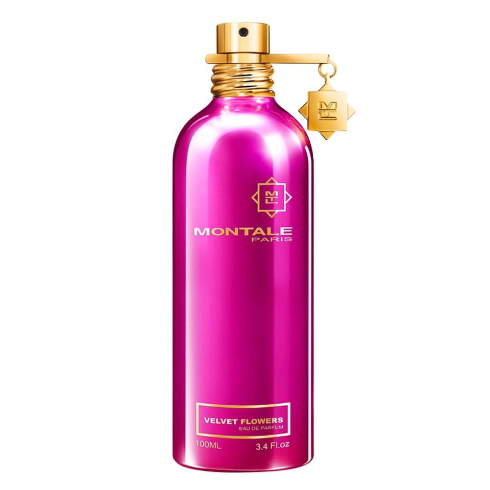 Montale Velvet Flowers eau de parfum spray bottle, magenta glass, gold cap and atomizer