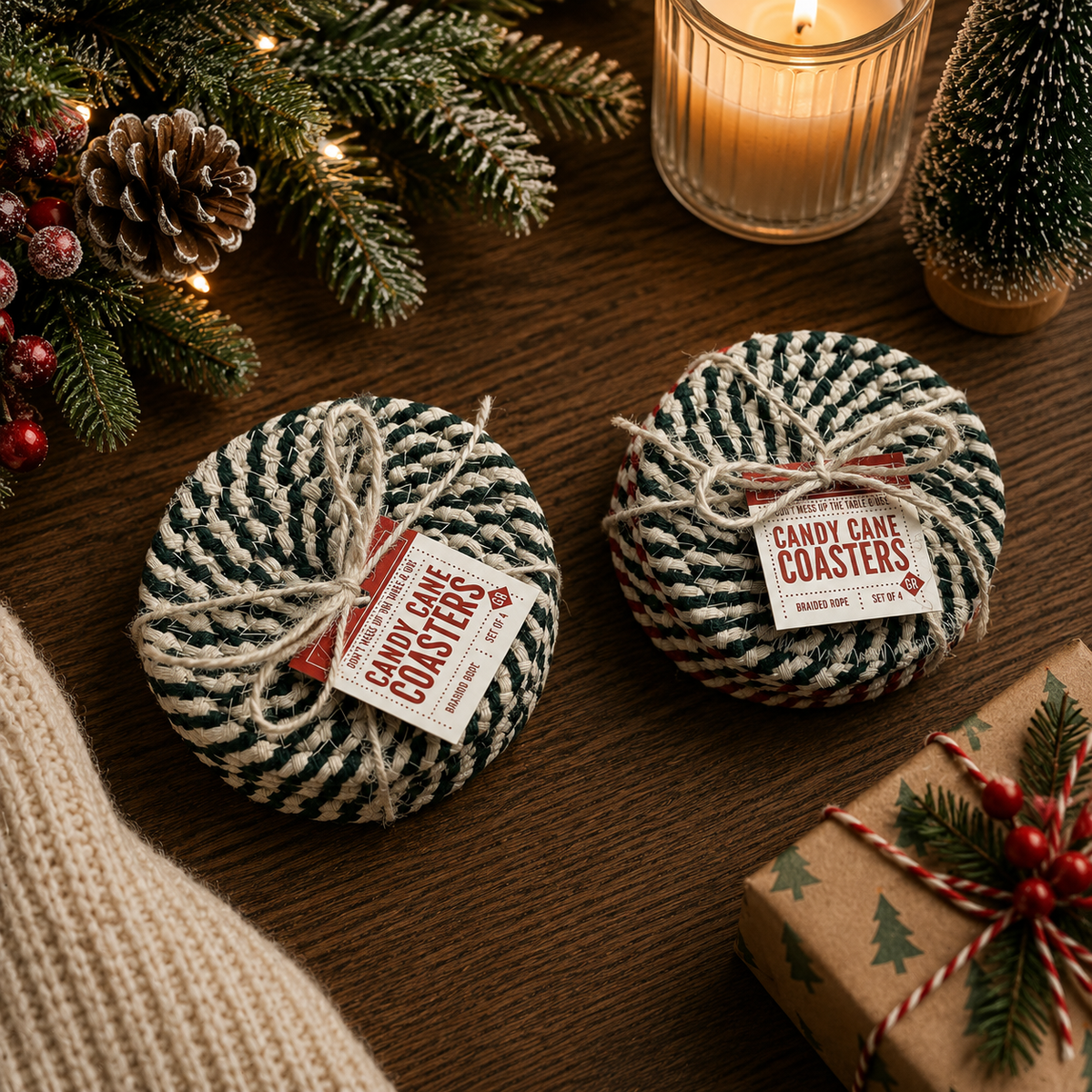 Green striped braided rope coasters with tags, round set of braided coasters