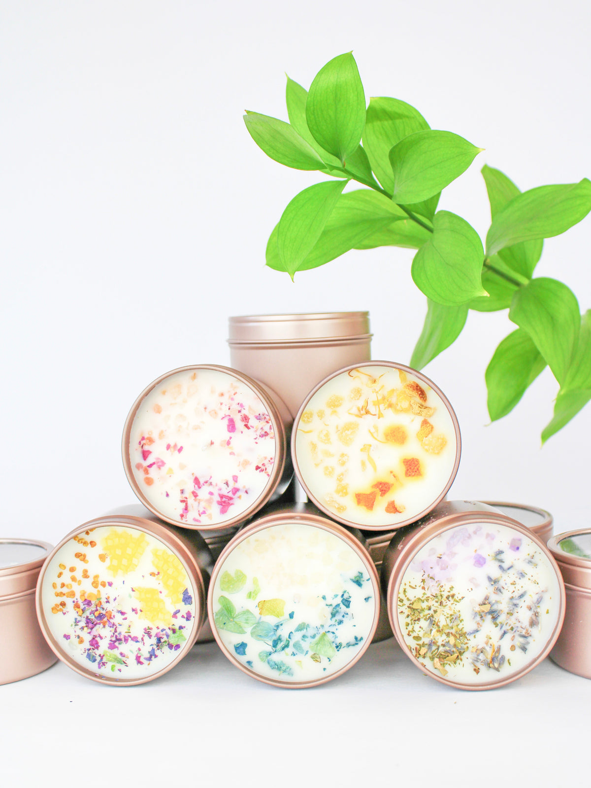 Botanical soy wax candle tins, rose-pink; assorted confetti petals visible on open tops