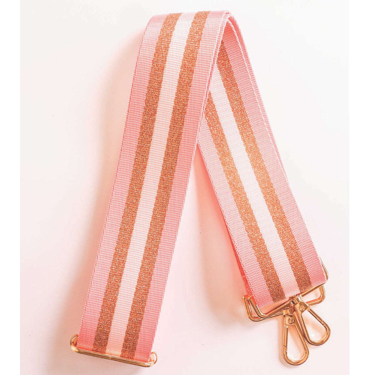 Pink striped adjustable purse strap with rose-gold clips and buckle